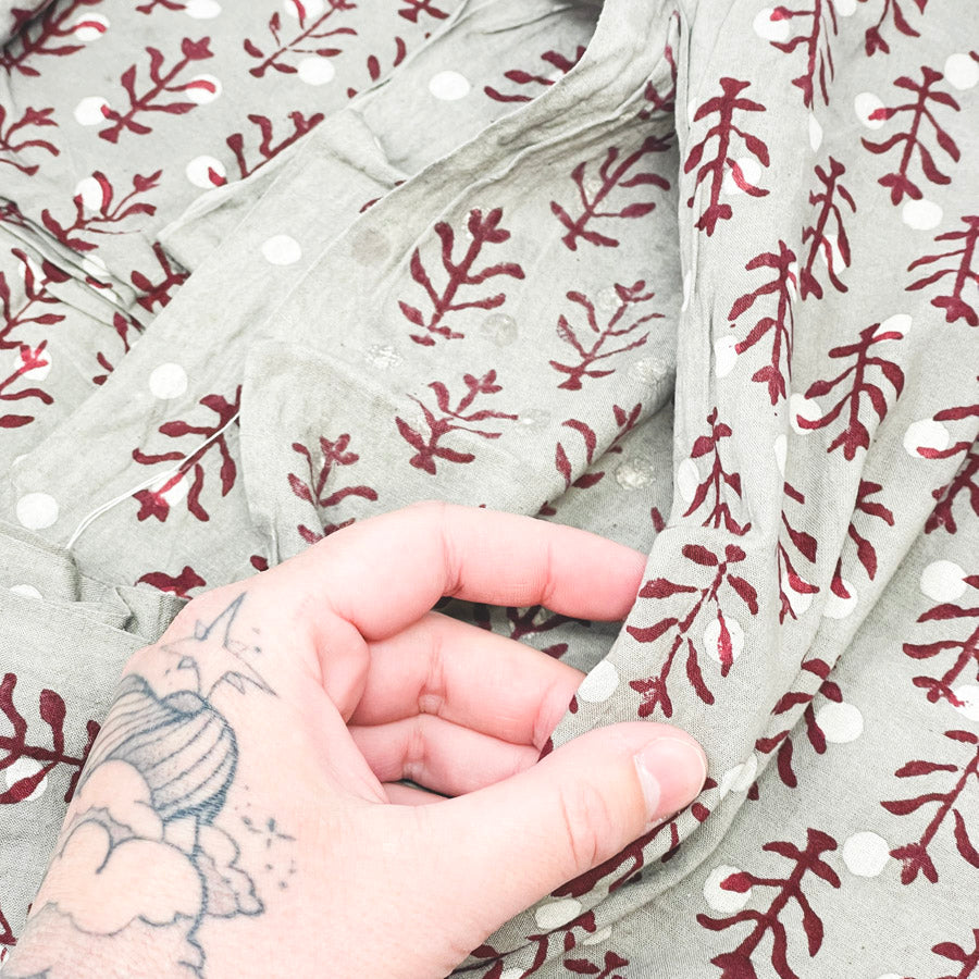 3 Yds x 44" Red and Taupe Stems Hand Block Printed Cotton Fabric