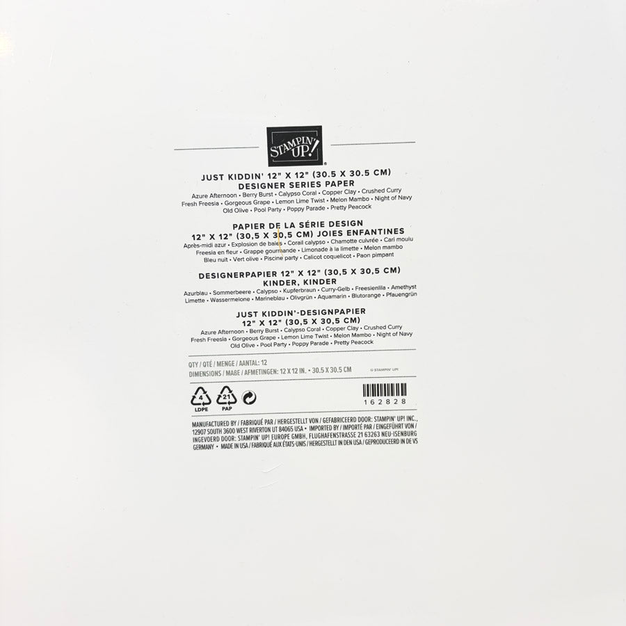 Stampin Up! Just Kiddin' 12"x12" Designer Series Paper Pack
