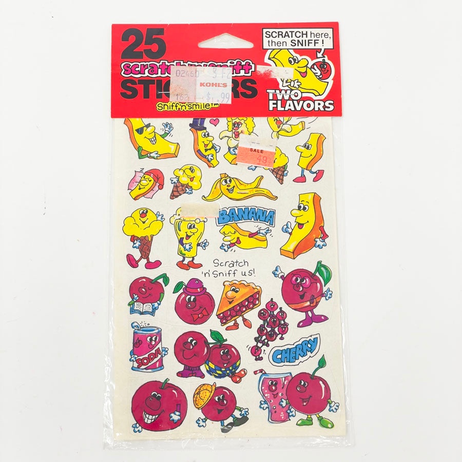 1980s Spindex Scratch & Sniff Two-Scent Sniff n' Smiles Vintage Stickers - Banana/Cherry - Unopened Pack