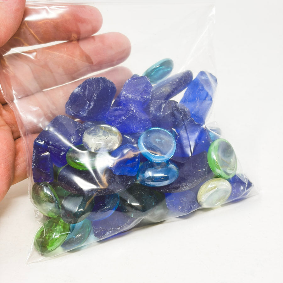 Rough Glass Stones with Flat Glass Marbles