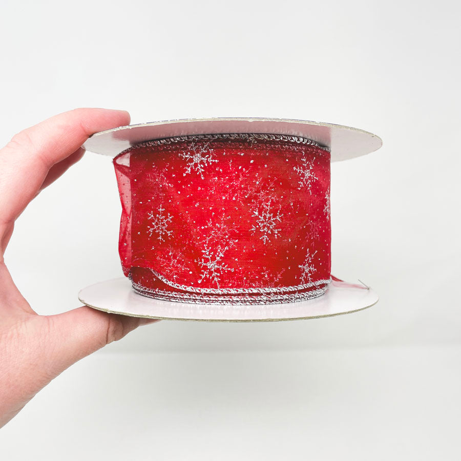 Red with Glitter Snowflakes Wire Edge Ribbon