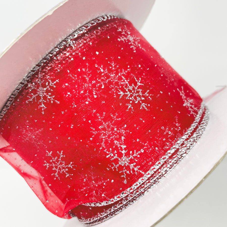 Red with Glitter Snowflakes Wire Edge Ribbon