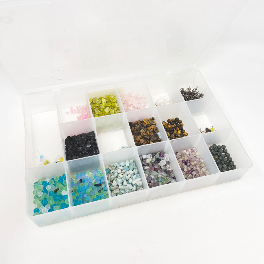 Assorted Beads & Findings in 17 Compartment Box