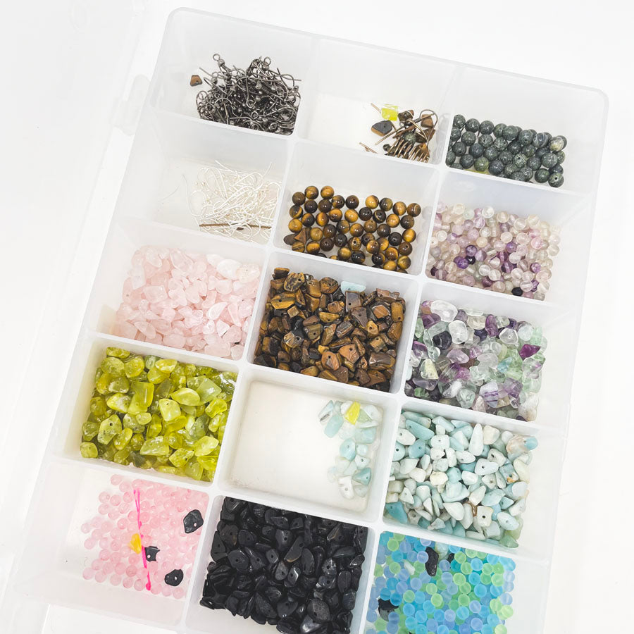 Assorted Beads & Findings in 17 Compartment Box