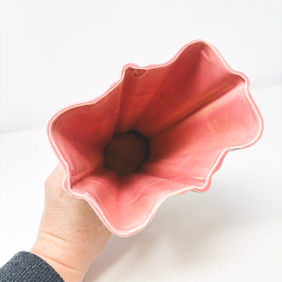 Vintage Pink Ruffled Mottled Glaze Vase