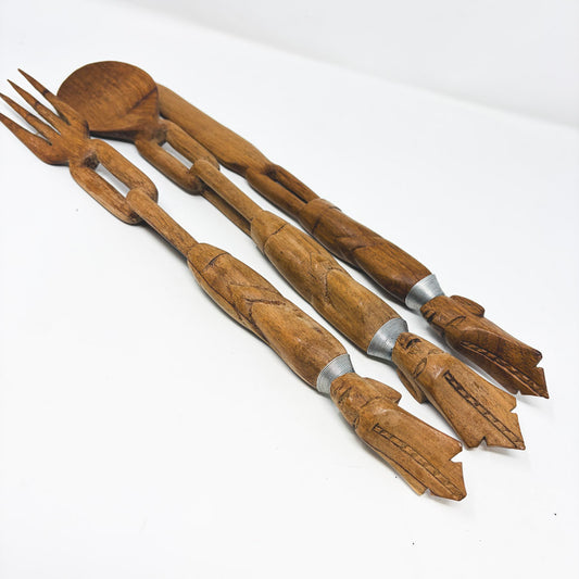 Vintage Wood Decorative Tribal Themed Large Utensil Set