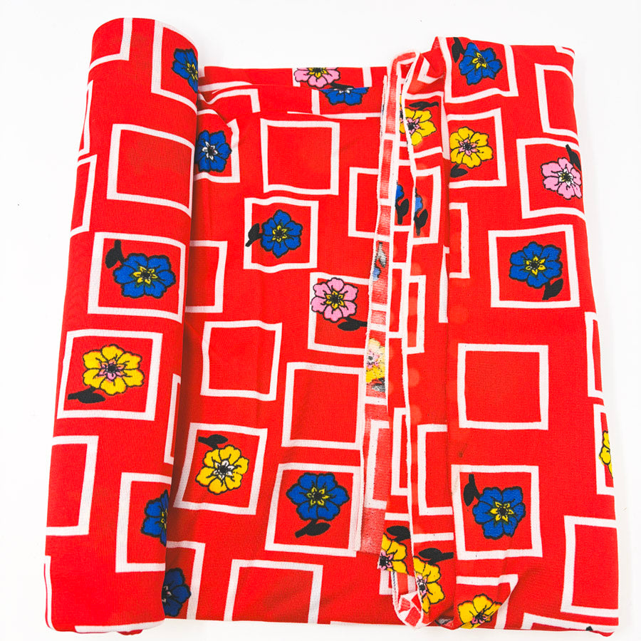 2 Yds x 56" Red Geometric and Floral Stretch Polyester Fabric