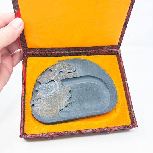 Chinese Carved Landscape Inkstone with Box