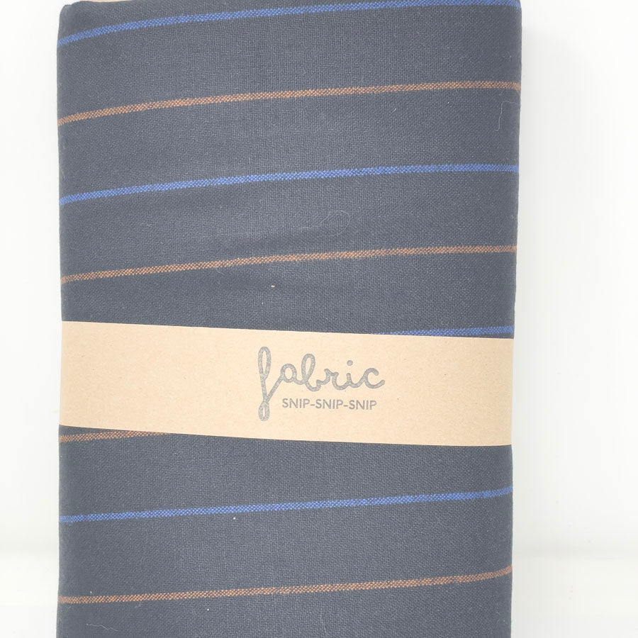 2 Yds - Black with Blue/Brown Stripes Poly Blend Fabric