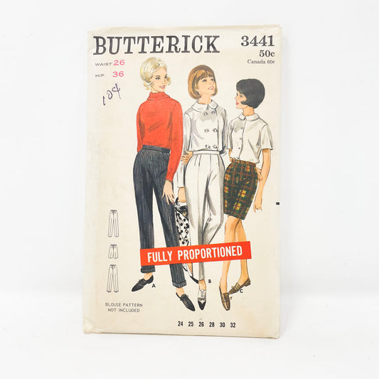 Vintage 1960s Butterick Pants Sewing Pattern - 3441 - Size 26 Waist