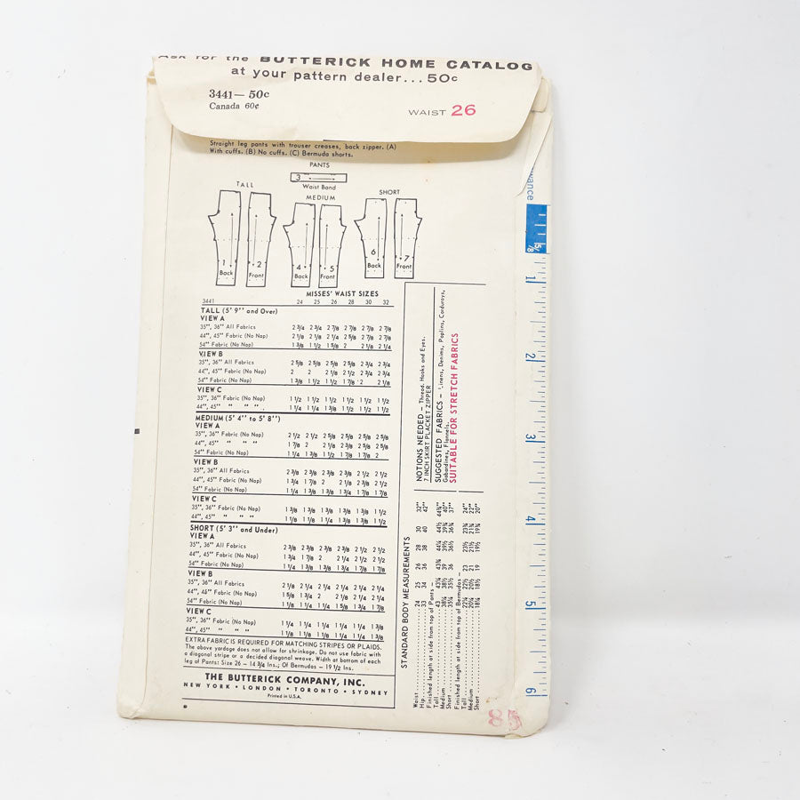 Vintage 1960s Butterick Pants Sewing Pattern - 3441 - Size 26 Waist
