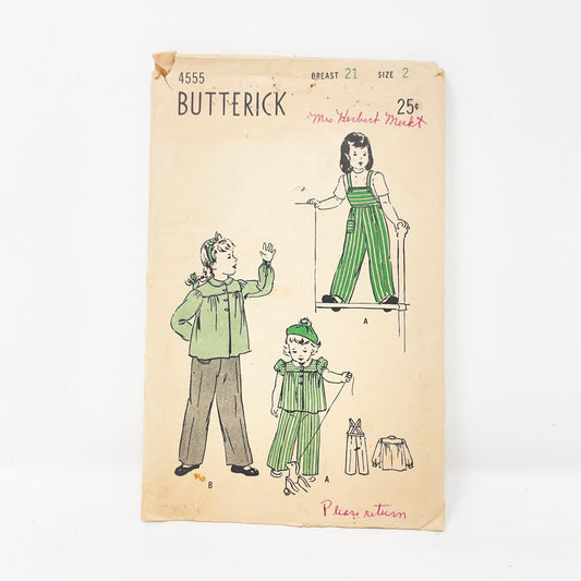 Vintage 1940s Butterick Child's Overall Sewing Pattern - 4555 - Size 2