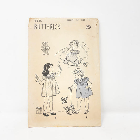Vintage 1940s Butterick Toddler Dress Sewing Pattern - 4435 - Size 3