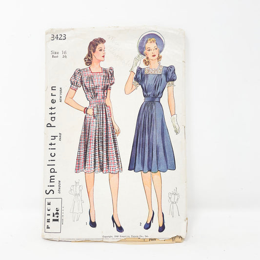 Vintage 1940s Simplicity Dress Sewing Pattern - 3423 - Size 16