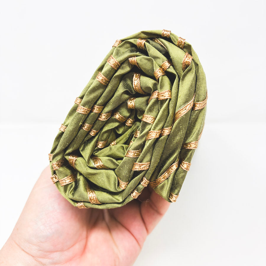 Appx 3 Yds Olive Taffeta Embroidered Fabric