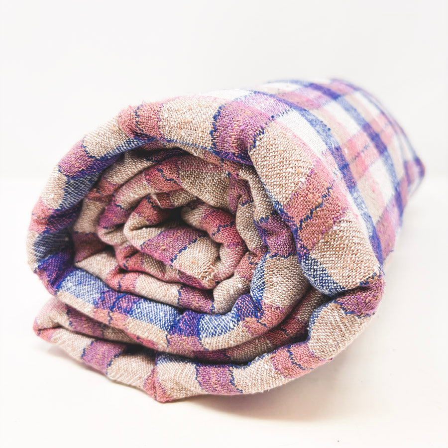Appx 3 Yds Blue and Pink Plaid Open Weave Cotton/Linen-Like Slub Fabric