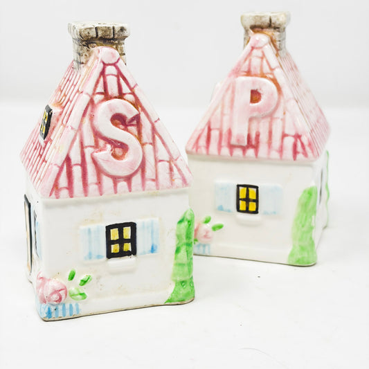 Pink Thatched Roof Cottage Salt & Pepper Shaker Set
