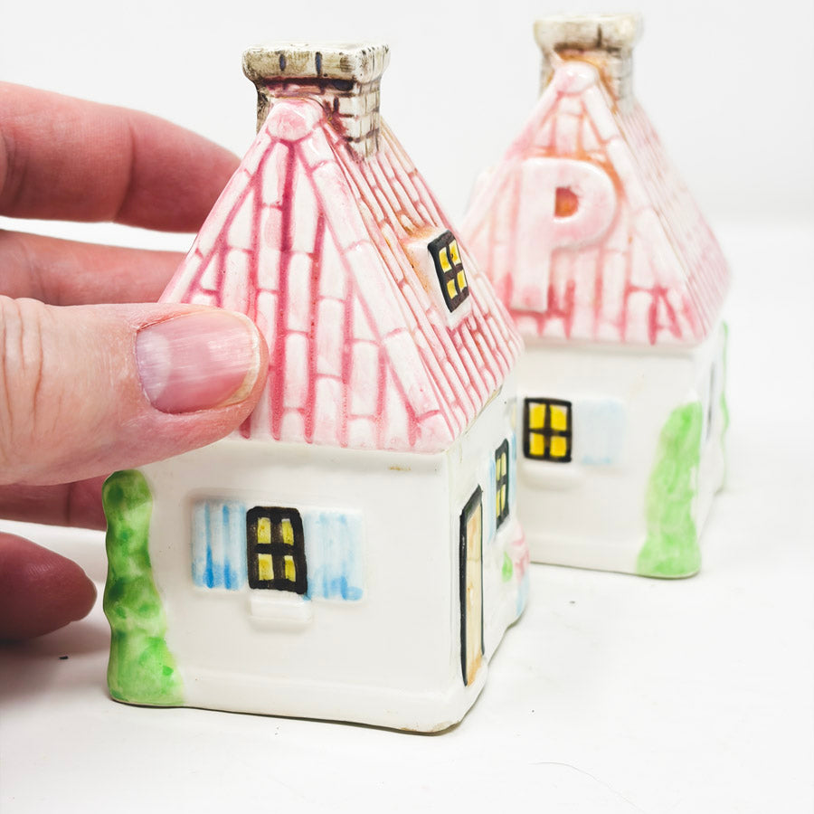 Pink Thatched Roof Cottage Salt & Pepper Shaker Set