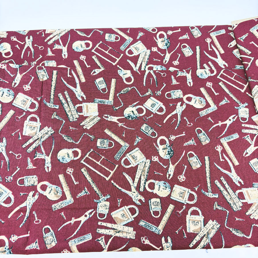 Appx 1 yd - Maroon Toolbox Cotton Fabric