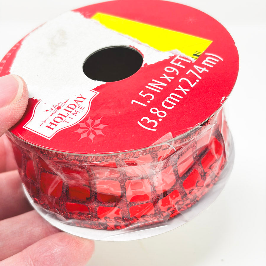 1.5" Red Mirror and Mesh Ribbon Roll