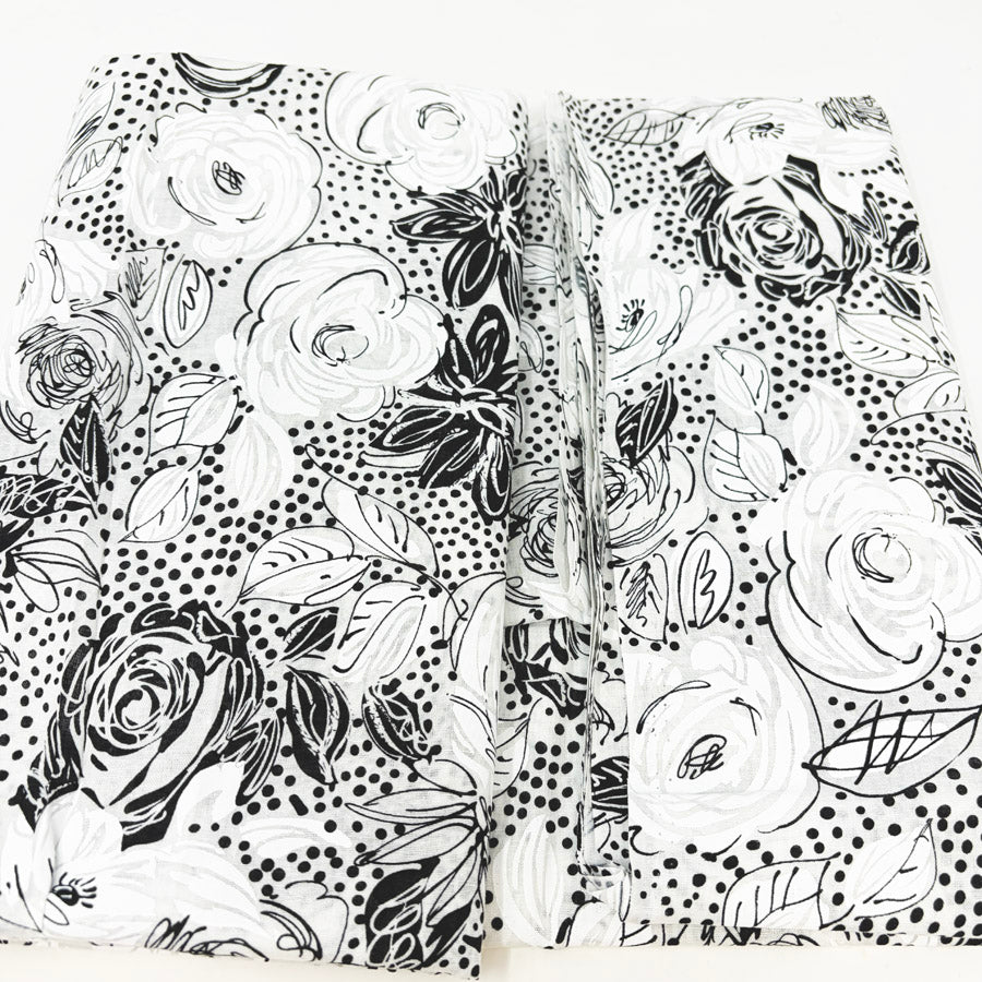 Appx 3 Yds Black and White Sketchy Floral Fabric
