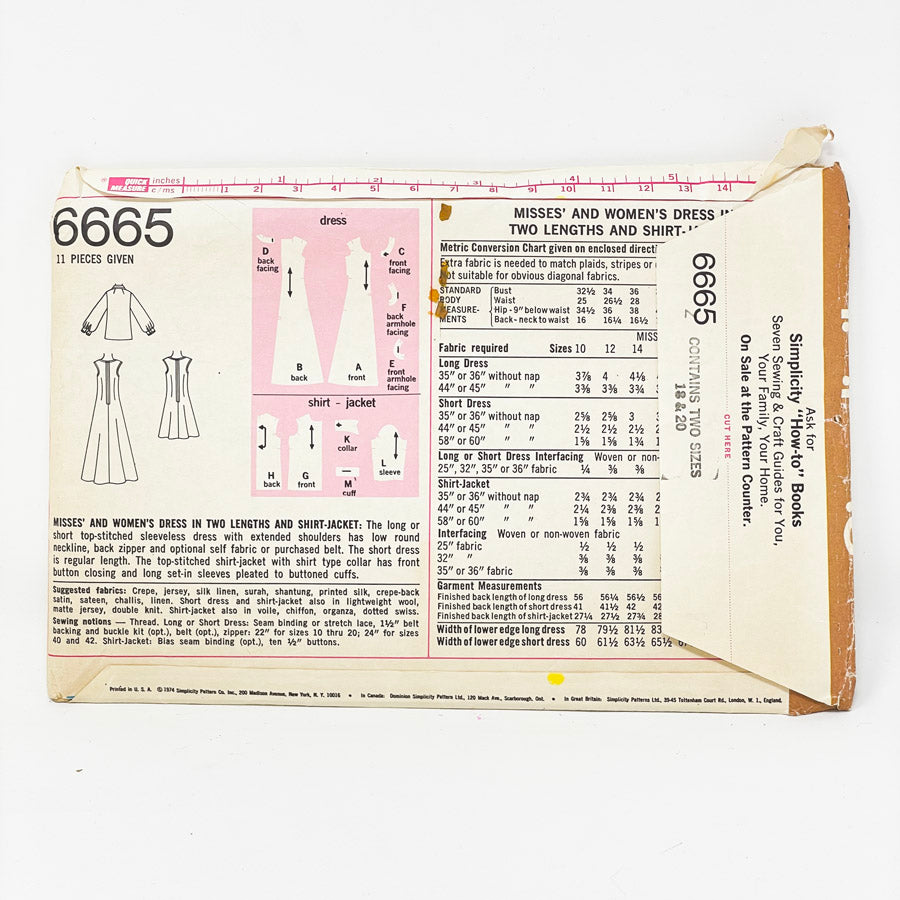 Vintage Simplicity Dress Sewing Pattern 6665 - Size 18-20