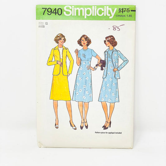 Vintage Simplicity Dress Sewing Pattern 7940 - Size 12