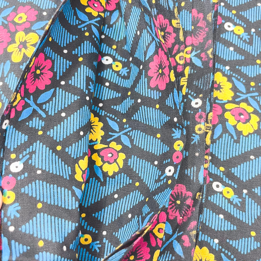 3 yds - Vintage Blue/Black Floral Pattern Fabric