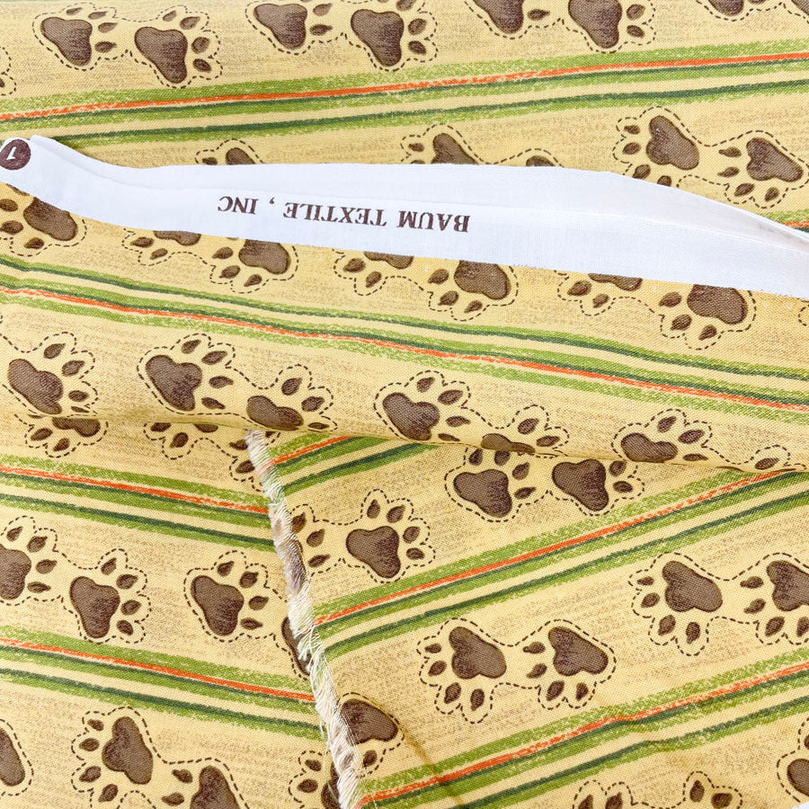 2 yd - Striped Paw Prints Cotton Fabric