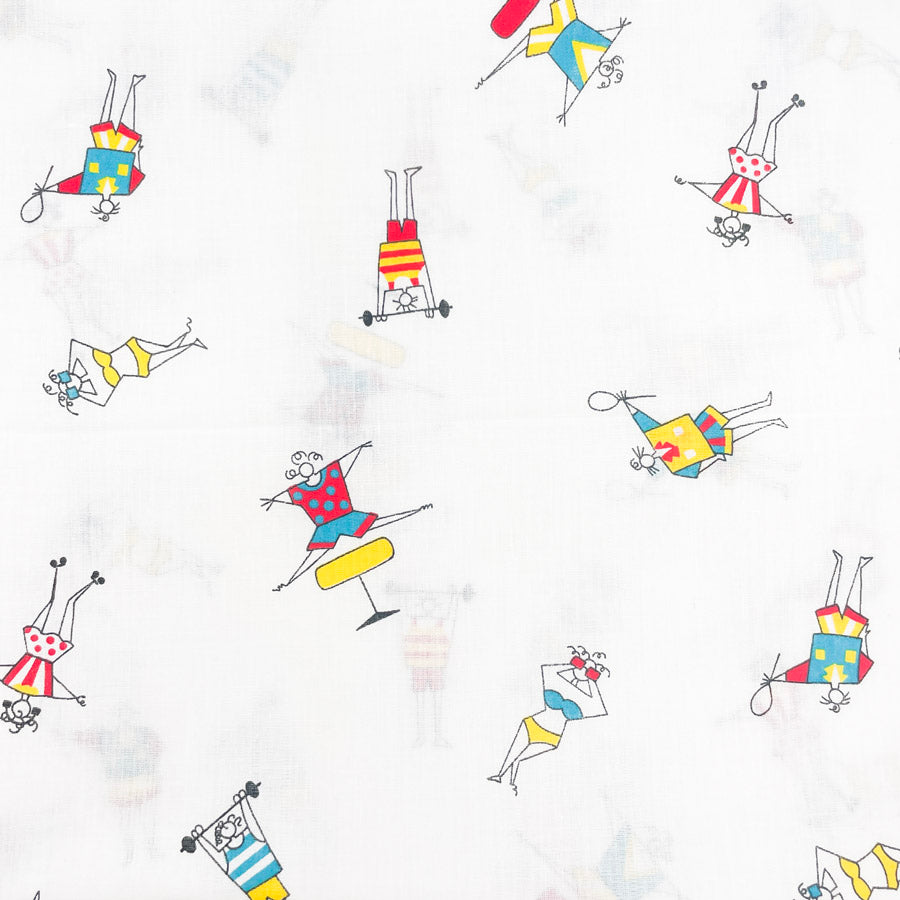 2 Yds x 44" White Playful Figures Cotton Fabric