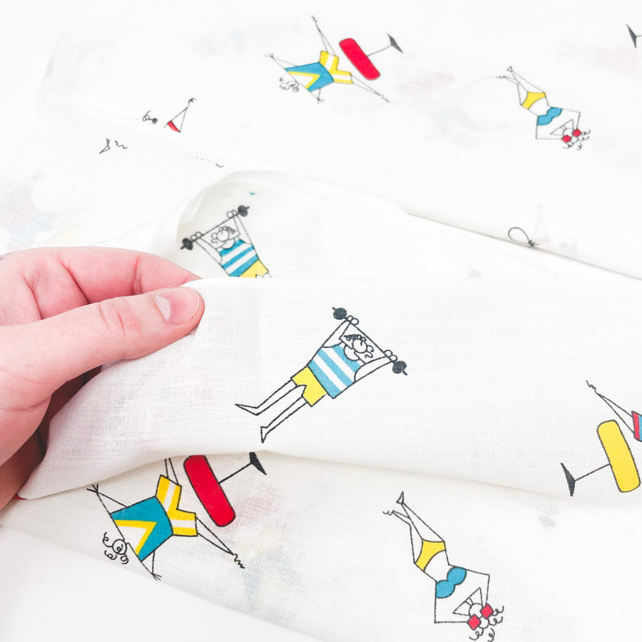 2 Yds x 44" White Playful Figures Cotton Fabric