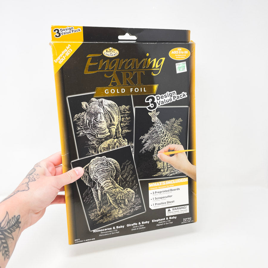 Engraving Art Gold Foil Rhino Elephant Giraffe