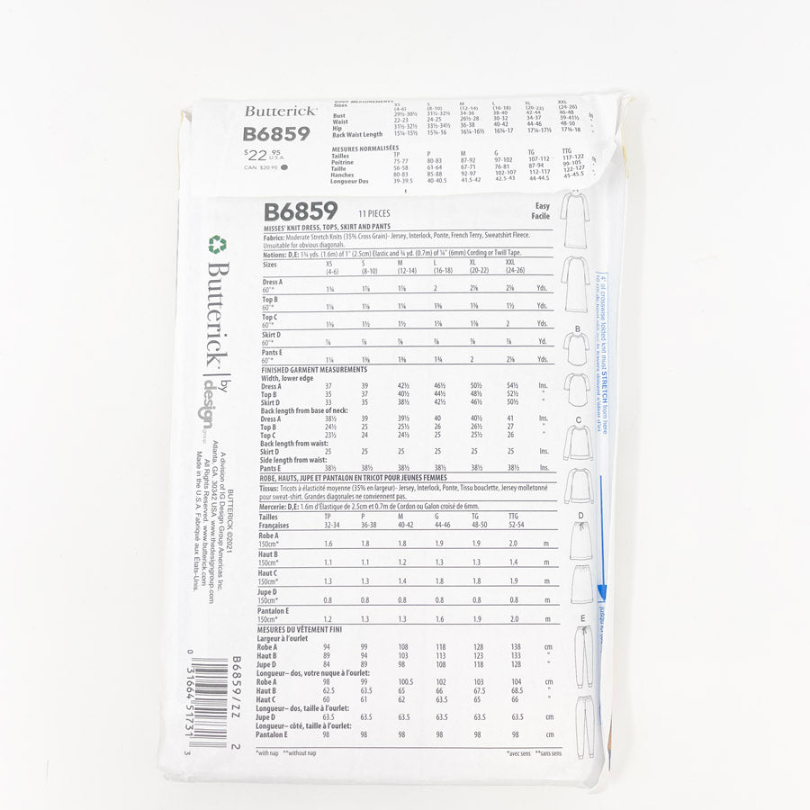 2021- Butterick- B6859- Dress, Tops, Skirt, and Pants- Lrg-XXL