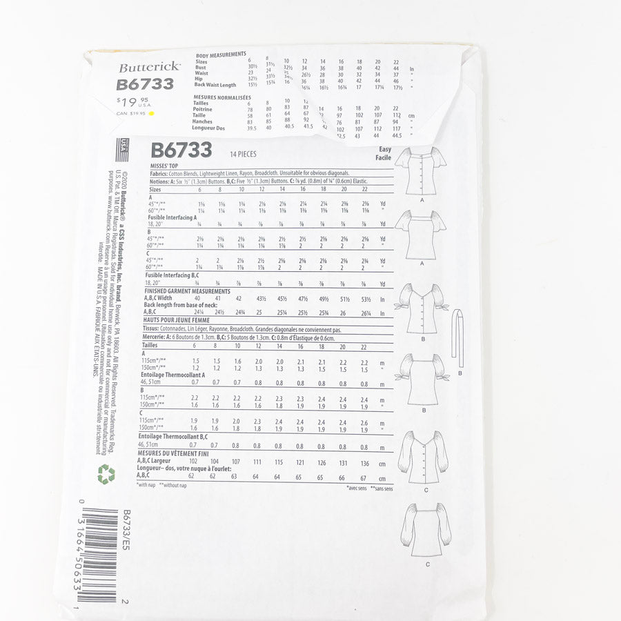 2020- Butterick- B6733- Tops- Size 14-22