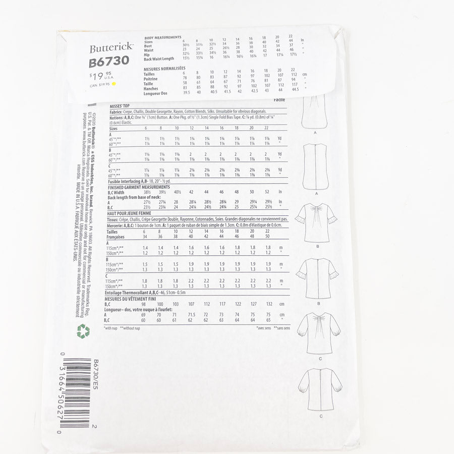 2020- Butterick-B6730- Tops- Size 14-22