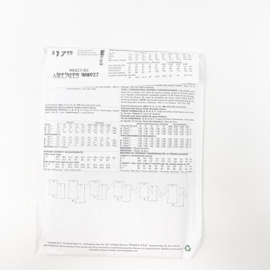 2014- McCall's- M6927- Tops and Tunics- Tall sizes 8-16