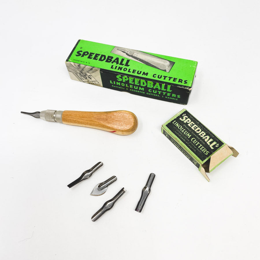 Vintage Speedball Linoleum Cutting Set - 5 Blades/Wood Handle