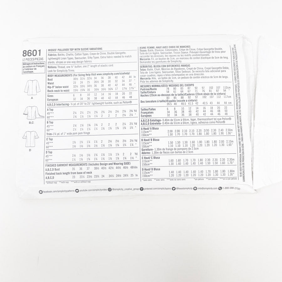 2018- Simplicity- 8601- Pullover Top- Size 14-22