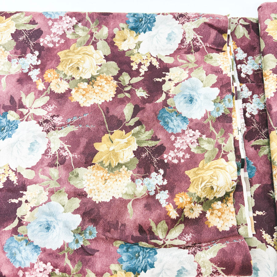 1.5 Yds x 58" Deep Red Floral Lightweight Velour Fabric