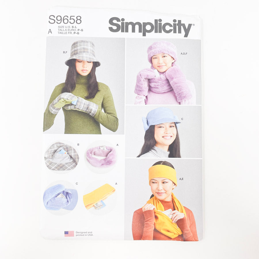 2022- Simplicity- S9658- Hats, Headbands, Mittens,Cowl Scarf, Size S-L
