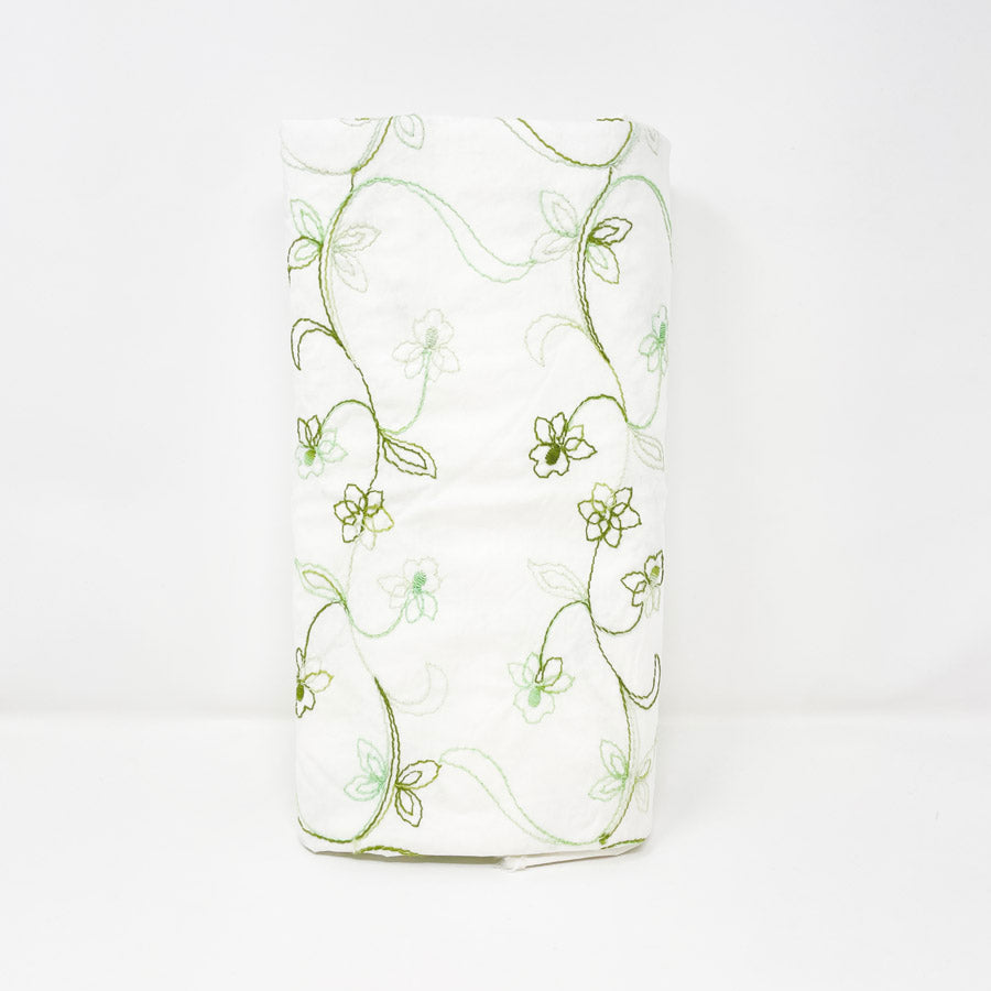 2.5 Yds x 49" Green Embroidered Florals on White Cotton Fabric