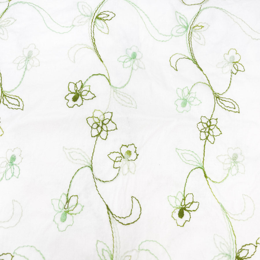 2.5 Yds x 49" Green Embroidered Florals on White Cotton Fabric