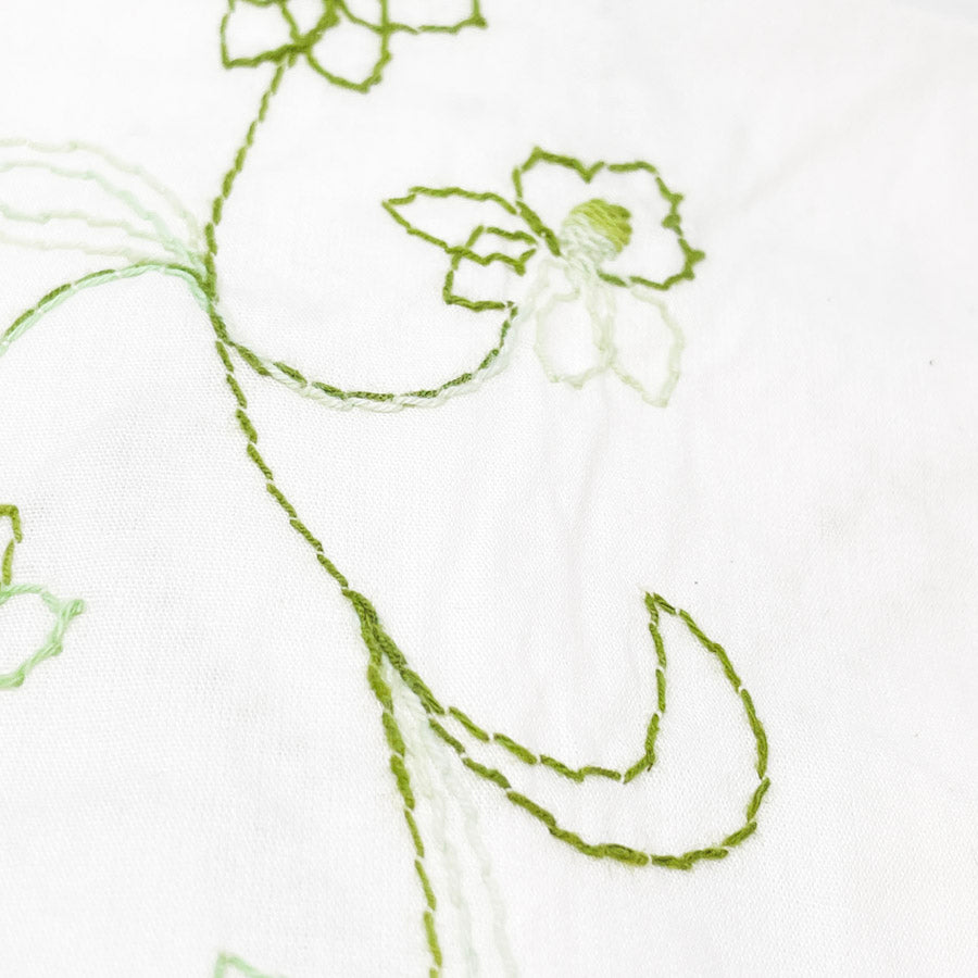 2.5 Yds x 49" Green Embroidered Florals on White Cotton Fabric