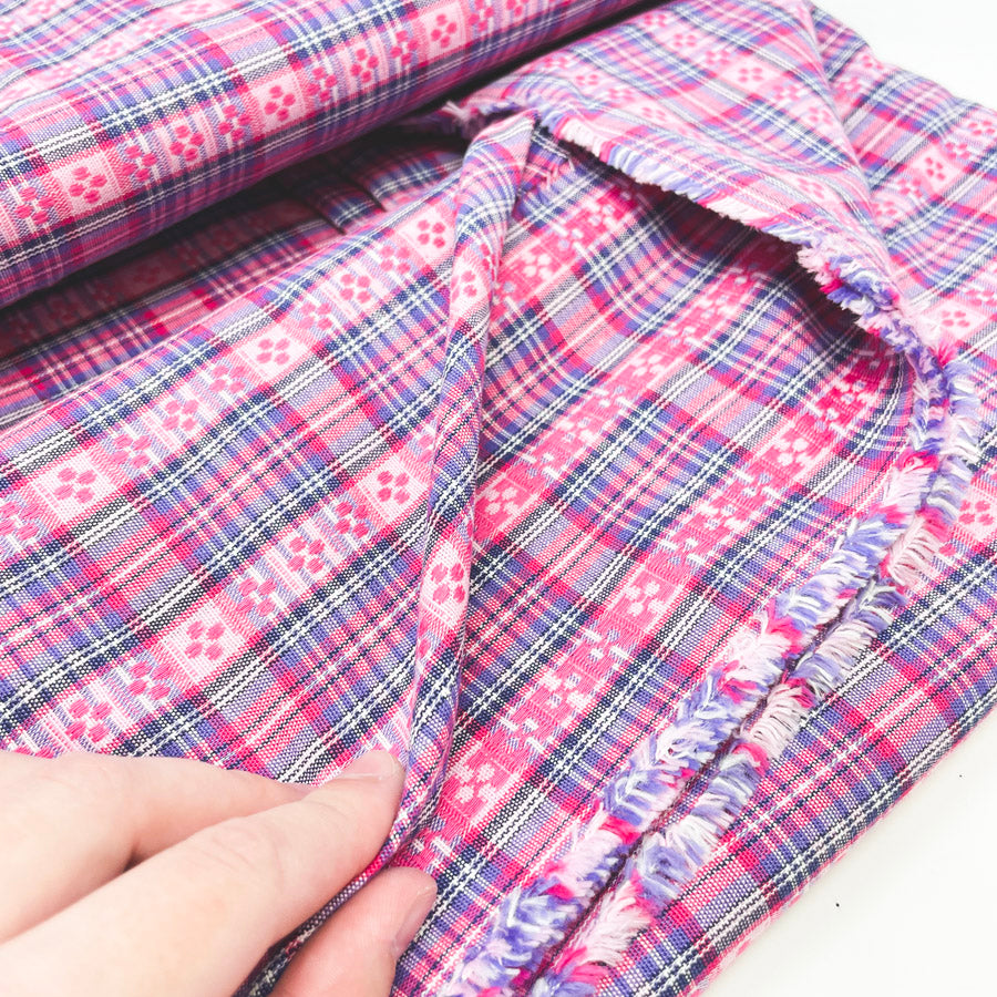 3 Yds x 60" Hand Woven Pink and Blue Plaid Fabric