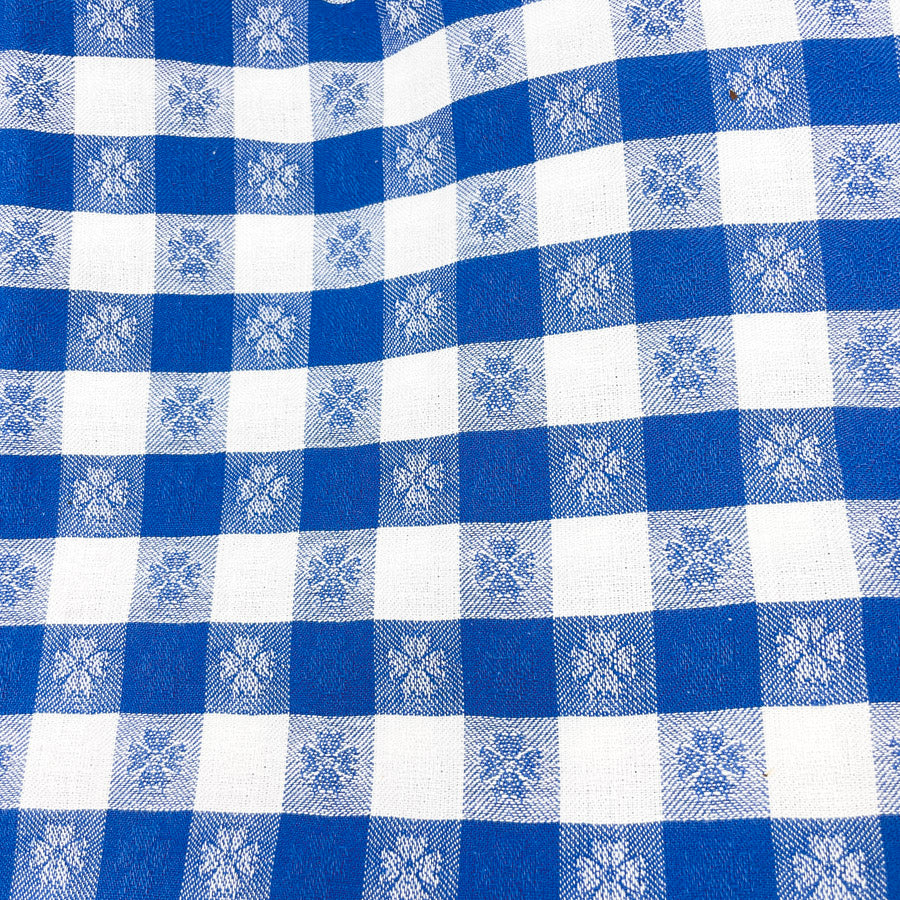 4 Yds x 64" Hand Woven Blue Floral Gingham Fabric