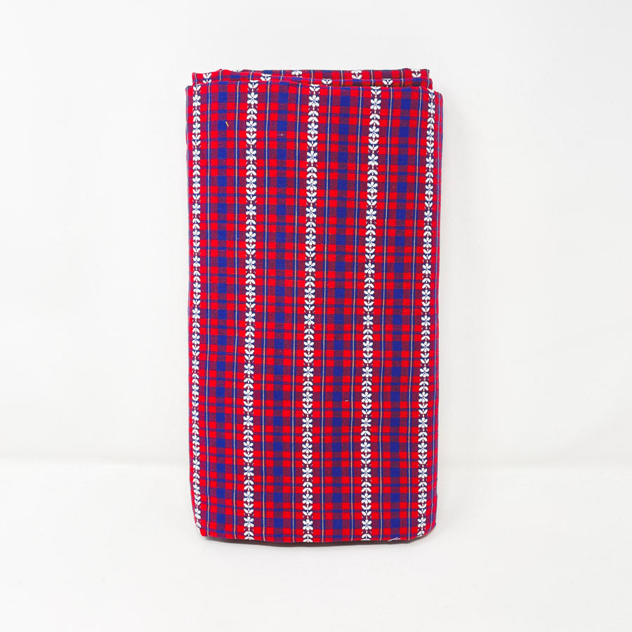2 Yds x 46" Hand Woven Red and Blue Plaid Floral Fabric