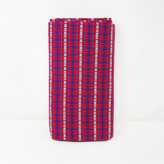2 Yds x 46" Hand Woven Red and Blue Plaid Floral Fabric