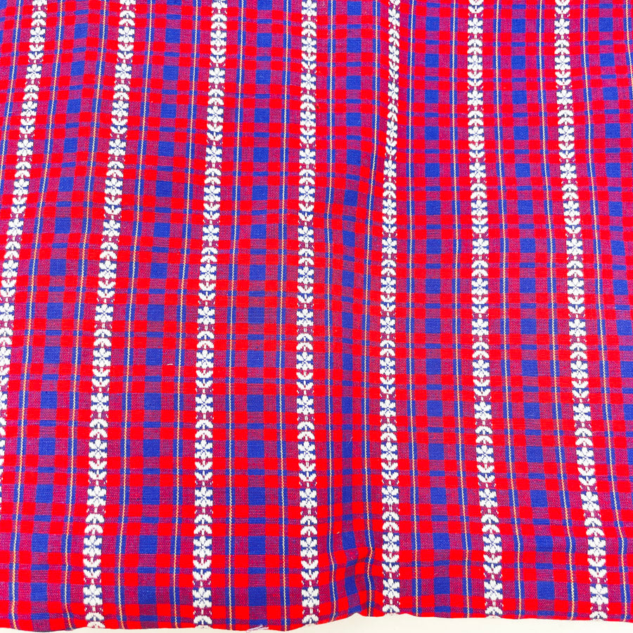2 Yds x 46" Hand Woven Red and Blue Plaid Floral Fabric