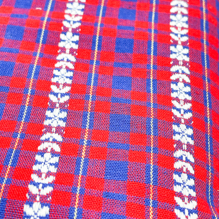 2 Yds x 46" Hand Woven Red and Blue Plaid Floral Fabric