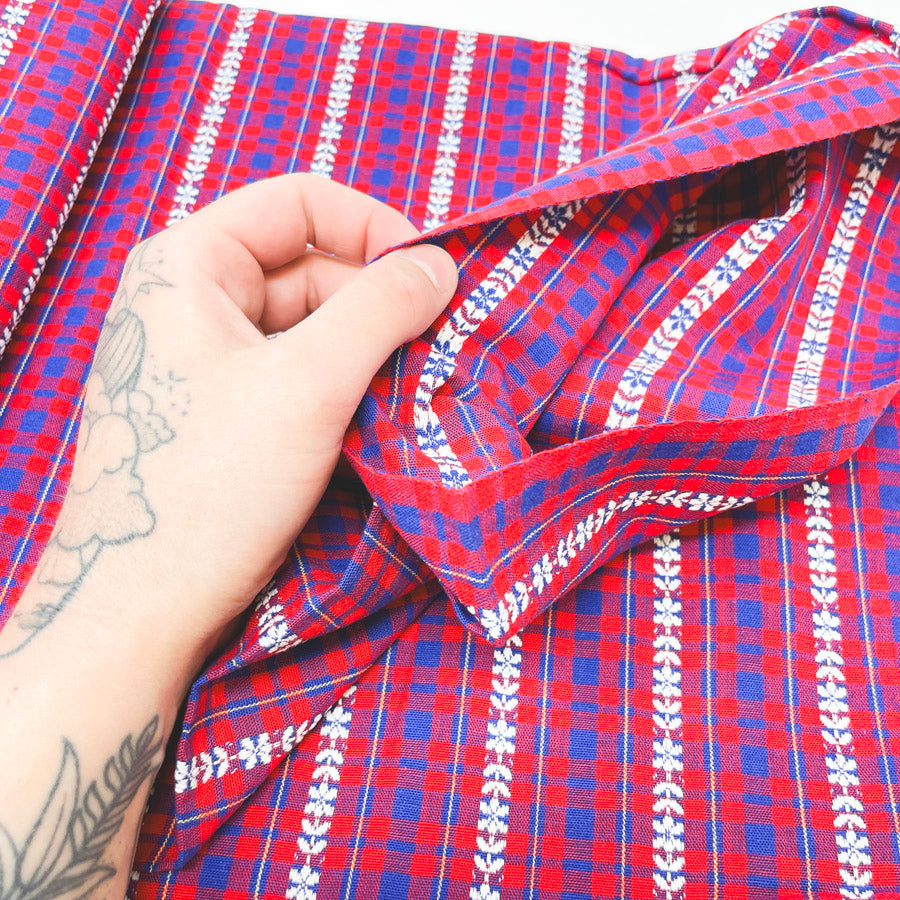 2 Yds x 46" Hand Woven Red and Blue Plaid Floral Fabric